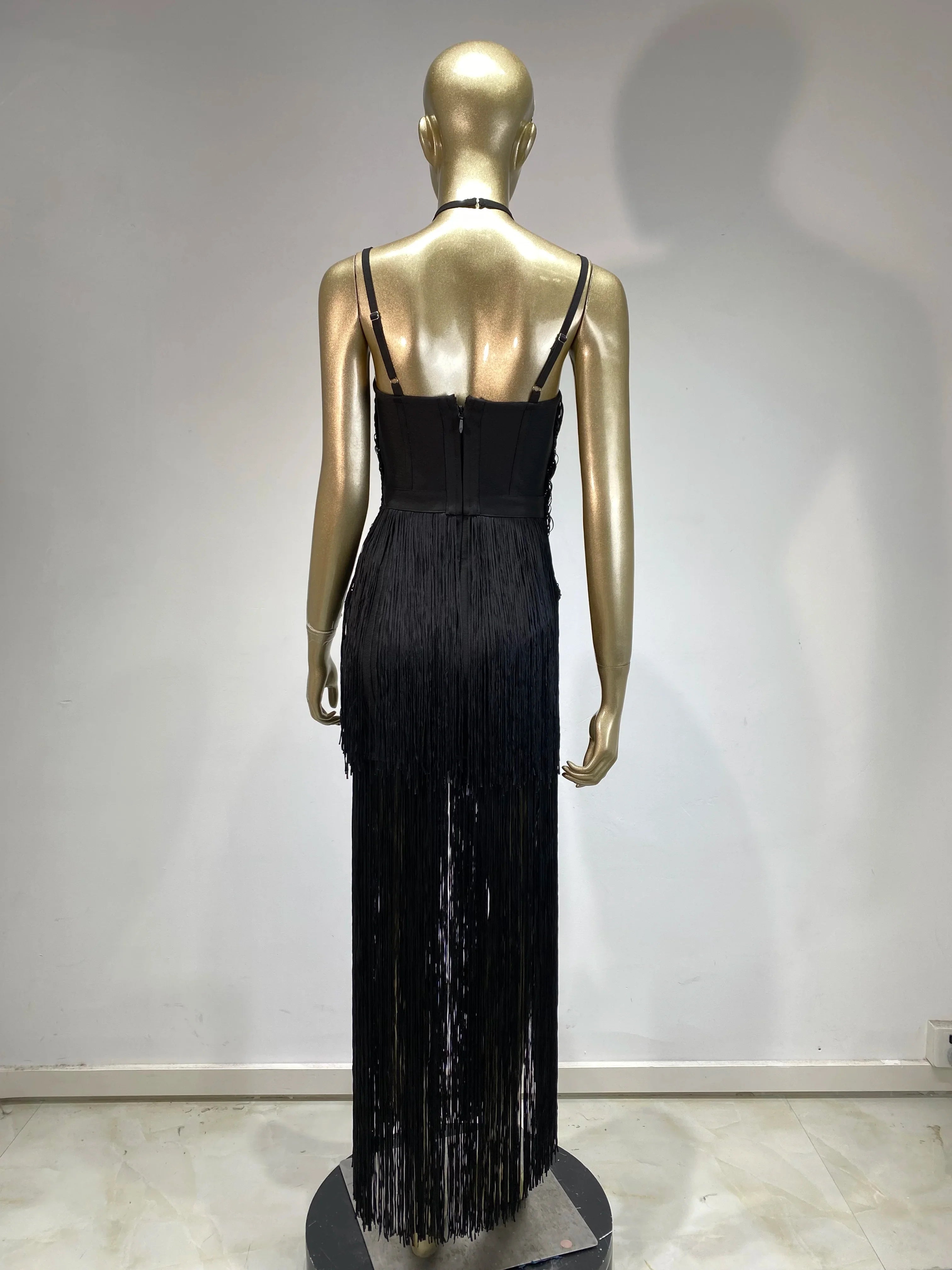 Double-Layer Fringe Bandage Ankle-Length Evening Gown & Gala Dress