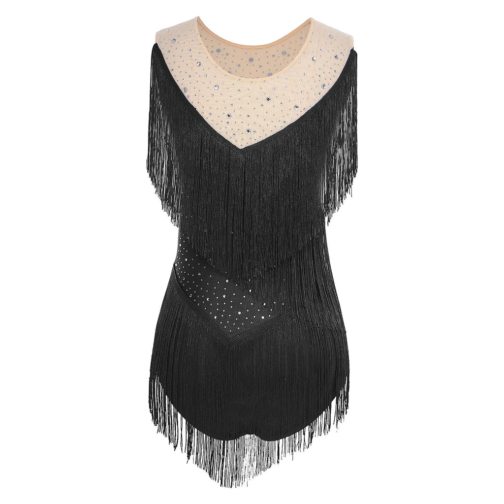Sparkly Rhinestone & Tassel Fringe Latin Dance Leotard Crew Neck Bodysuit