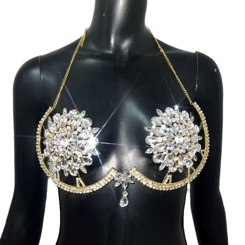 Floral Rhinestone & Tassel Bra Body Chain Set
