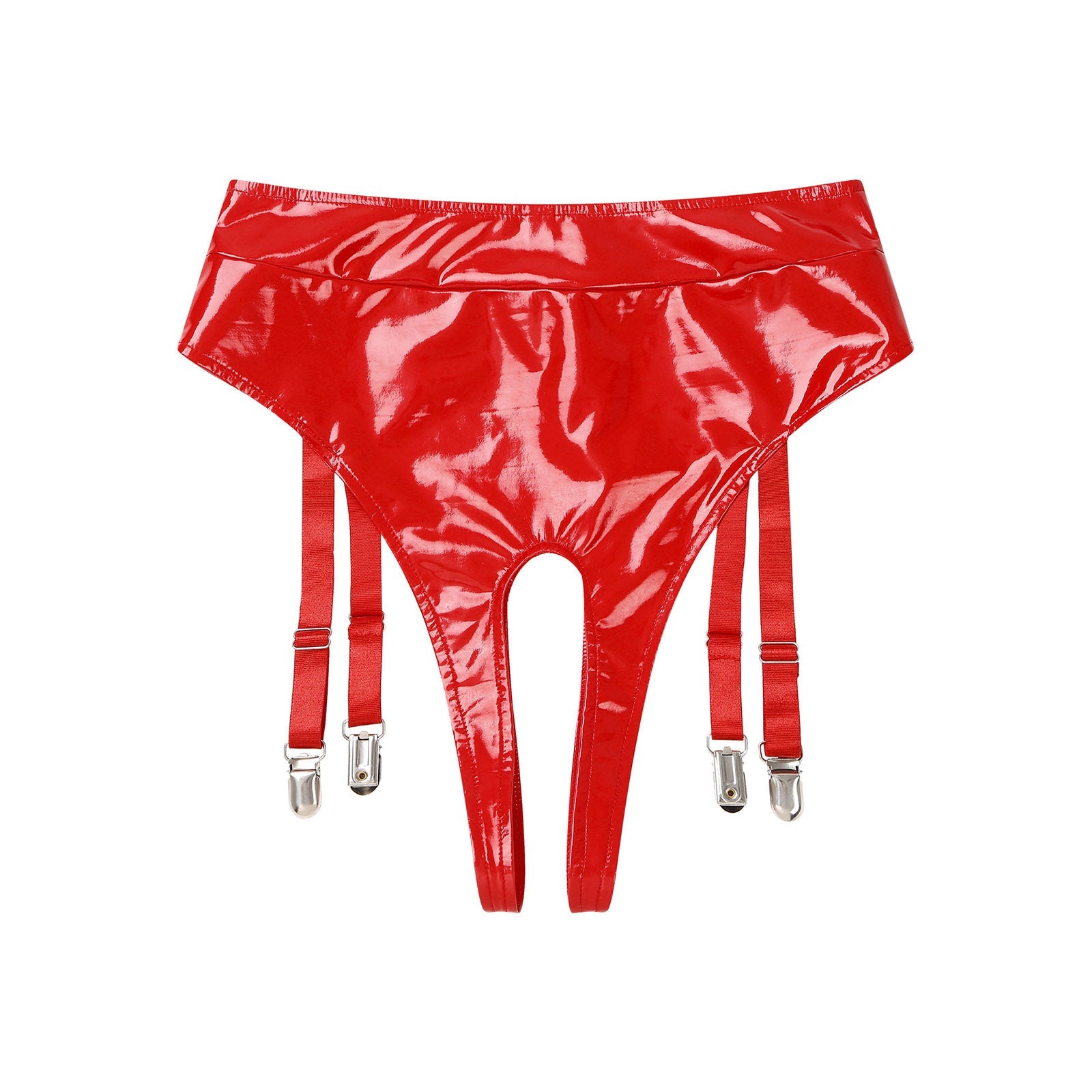 High-Waist Patent Leather Crotchless Thong & Garter Clip Lingerie