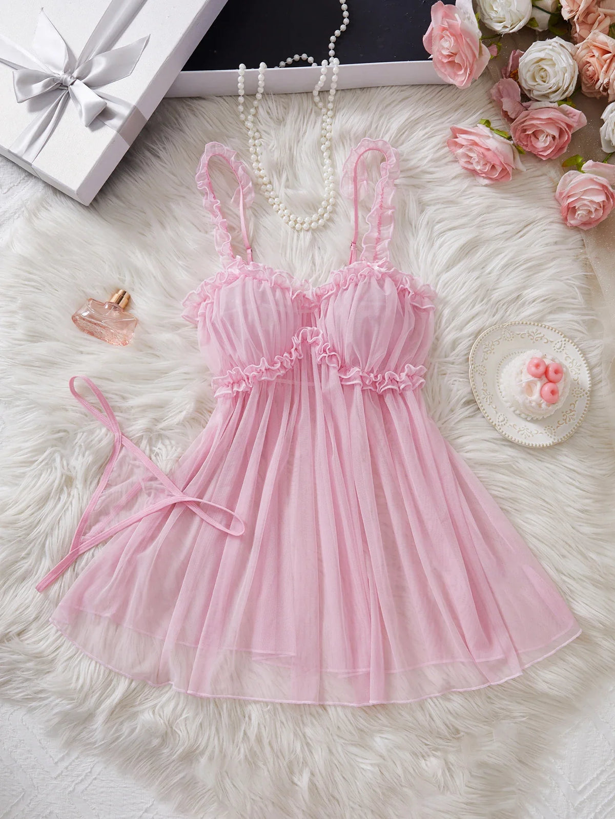 Women Mesh Nightdress Bow Pink Dress With Thong Underwear Valentine Day Gift
