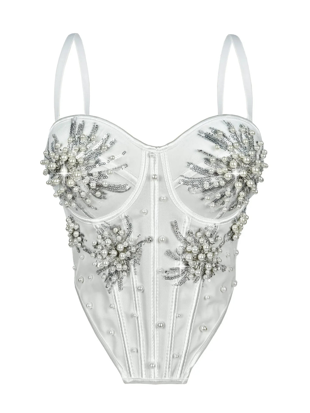 Pearl & Sequin Embroidered Floral Bustier Corset Top Asymmetric Camisole Bralette