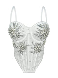 Pearl & Sequin Embroidered Floral Bustier Corset Top Asymmetric Camisole Bralette