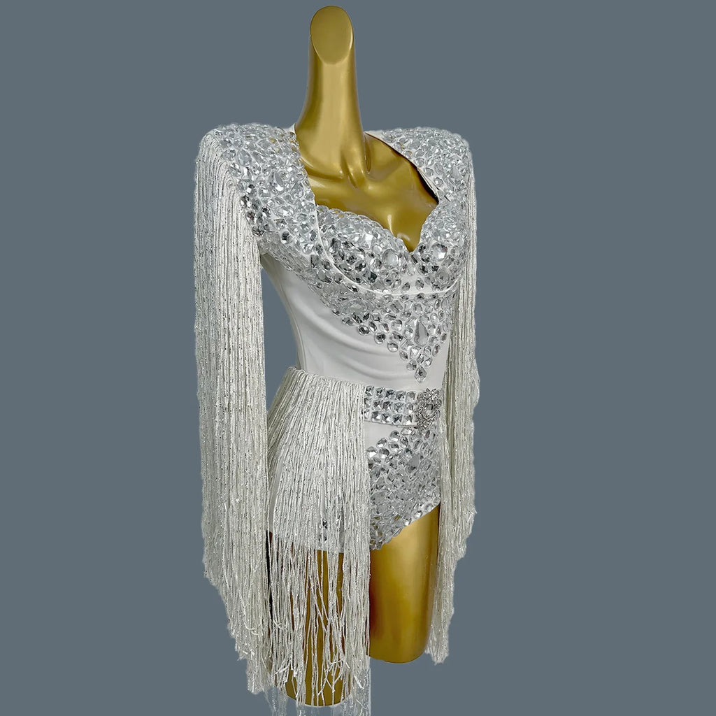 The Stardust Cascade Fringe Bodysuit – Luxury Rhinestone Long-Sleeve Showgirl Costume