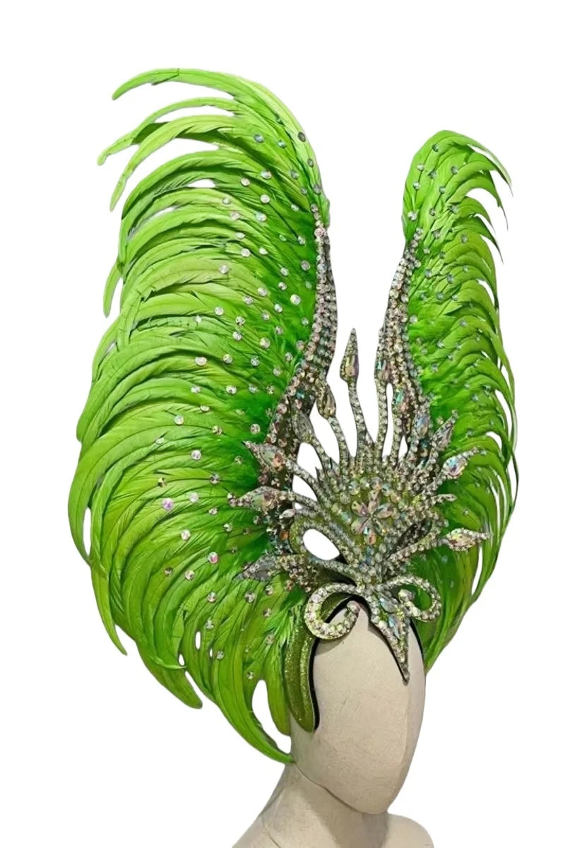 The Stardust Vertigo – Emerald Green Feathered Carnival & Samba Headdress