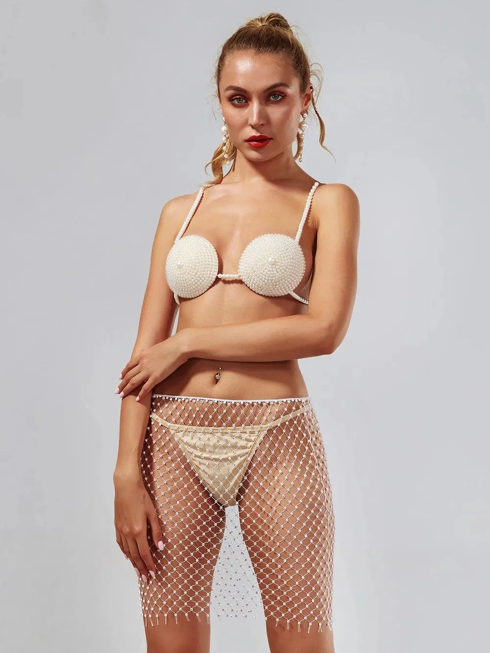 The Stardust Empress Royale – Handmade Imitation Pearl Body Chain & Skirt Set