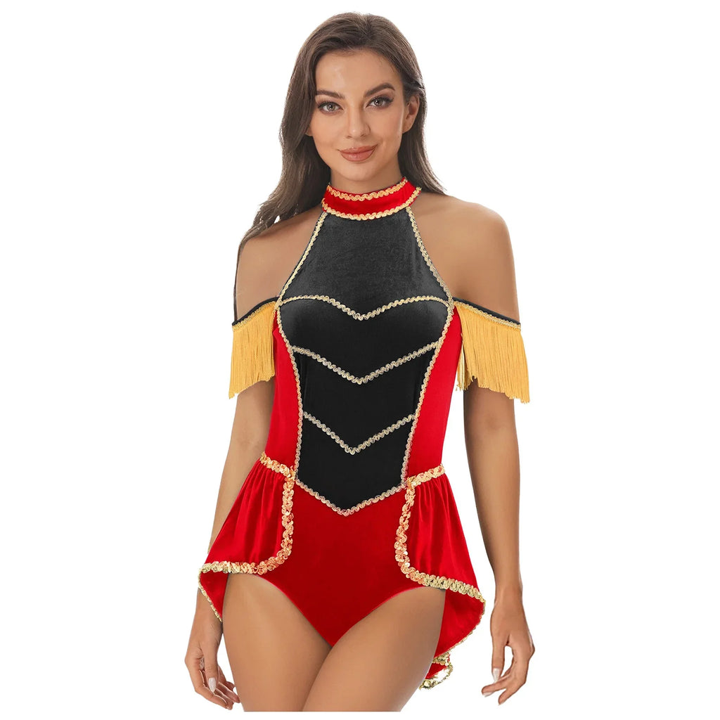 Women's Velvet Circus Ringmaster Sequin Tassel Jumpsuit & Tailcoat