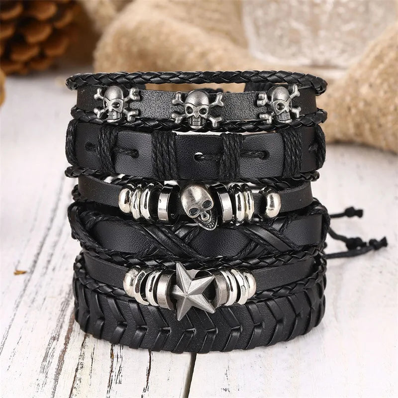 Punk Multilayer Antique Leather Bracelet Set Skull Eye Star Charms Hiphop Rock Y2K Vintage Pu Gothic Wristband Man Goth Jewelry