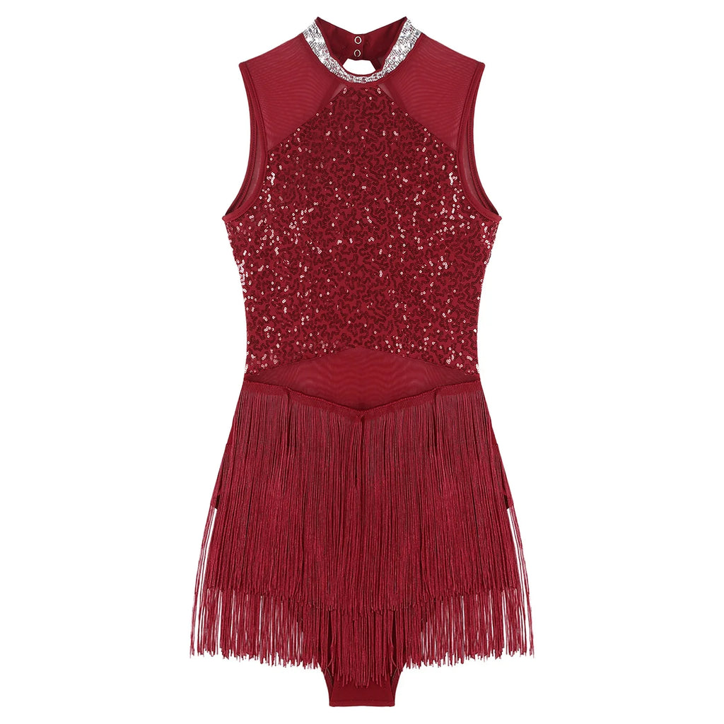 Sparkly Sequin & Fringe Dance Dress with Gloves Latin Stage Performance Costume