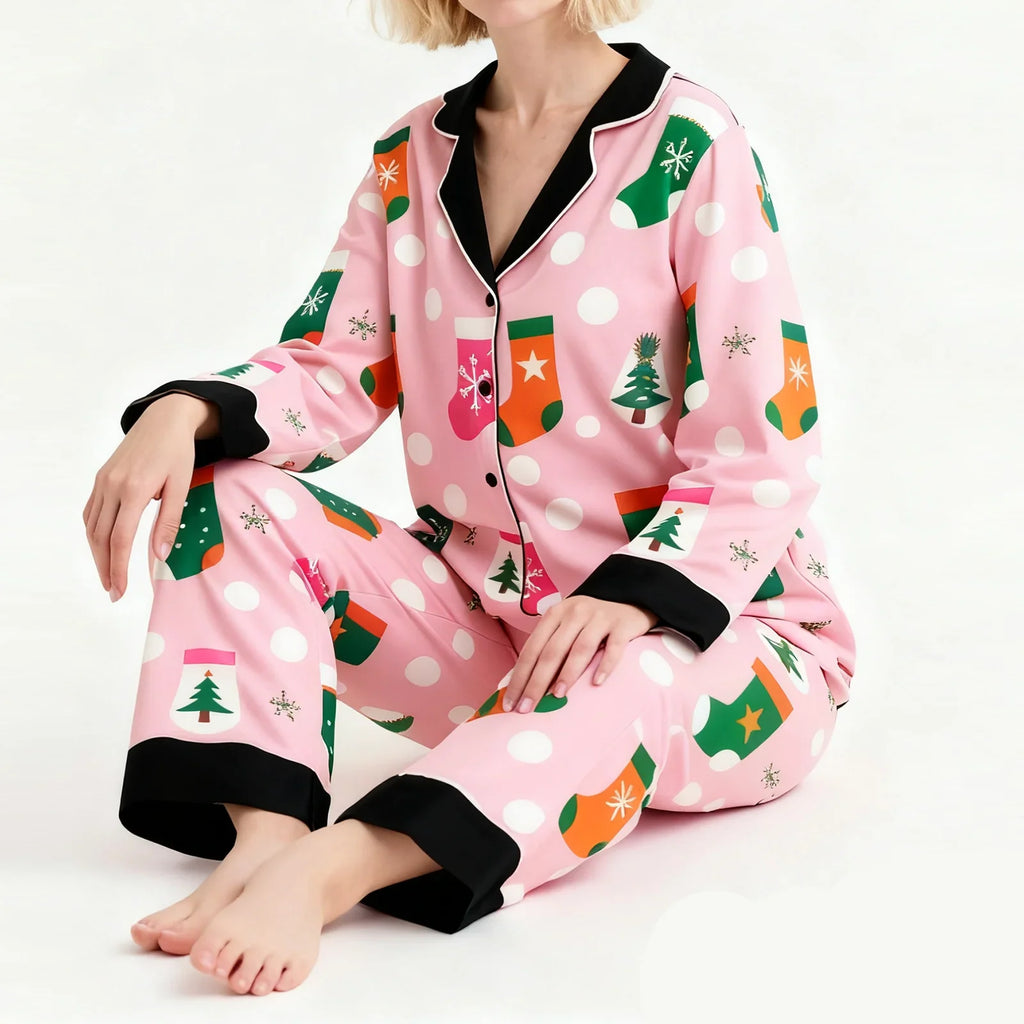 Women's Christmas Pajamas Set Long Sleeve V Neck Stocking Tree Print Tops and Pants Lounge Wear Two Pieces Suits