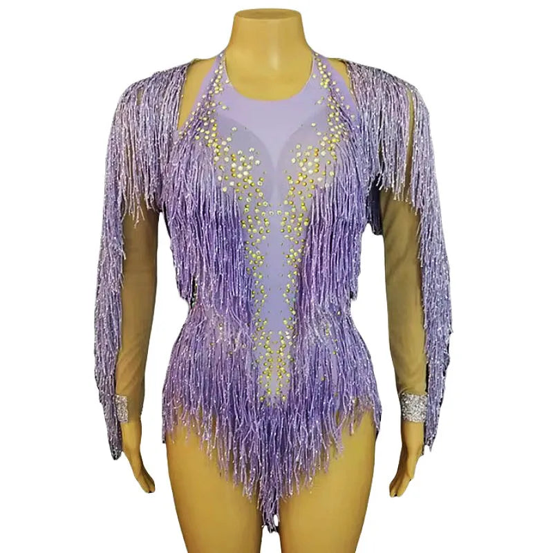 Sparkly Crystal Purple Tassel Showgirl Bodysuit Set – Glamour Stage Fringe Performance Costume