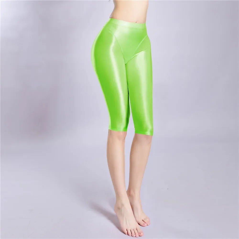 Women's Oil Glossy Sheer High-Waist Shaping Shorts Satin Smooth Leggings