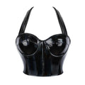 Black Shiny PU Leather Halter Corset Crop Top Push-Up Bustier Gothic Bra