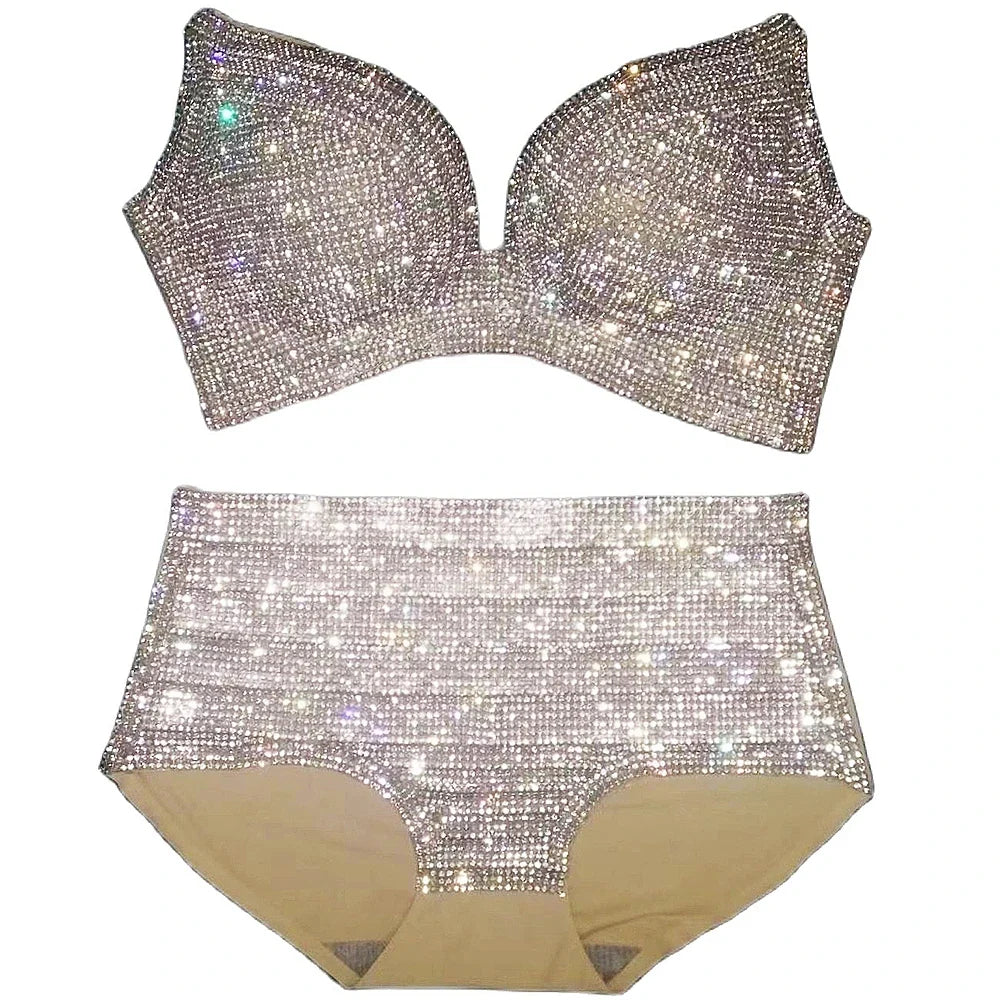 Dazzling Shimmer Crystal Bikini & High-Waist Dance Performance Costume Set