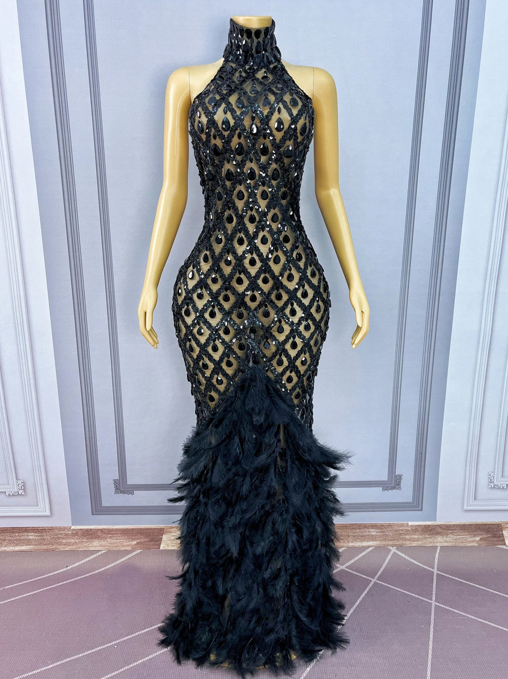 Sparkly Rhinestone Feather Sheer Mesh Evening Gown Stage Fashion Show Outfit