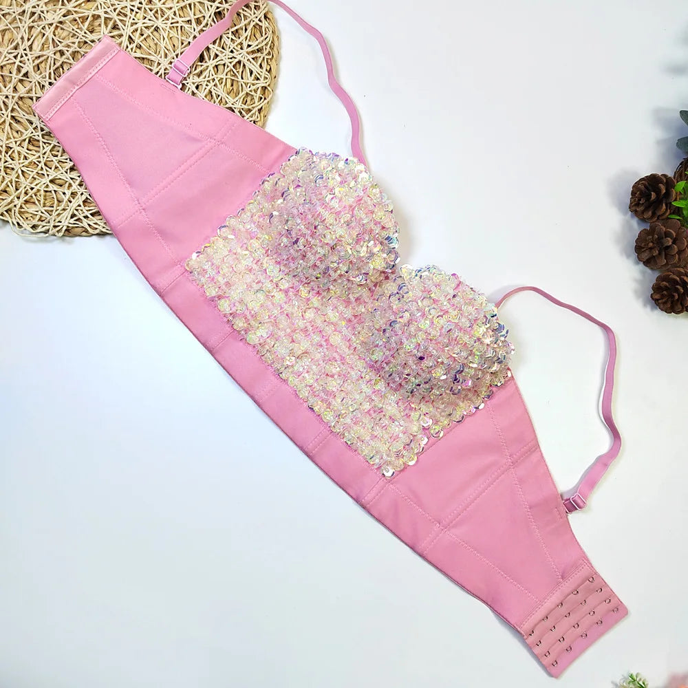 The Stardust Prism Siren – Sequined Glitter Bustier Corset Crop Top