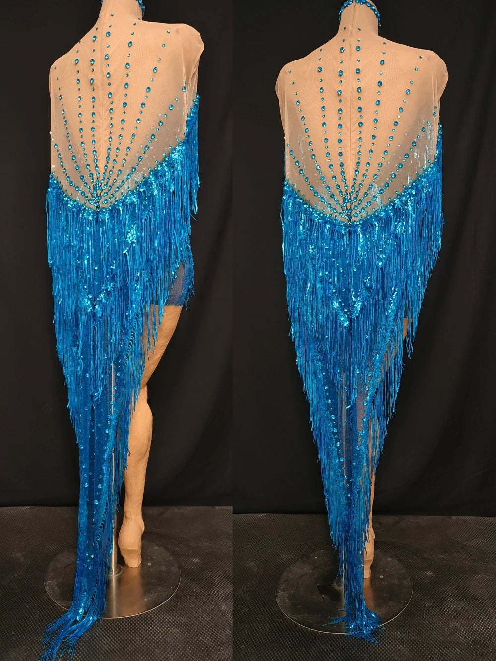 Sparkly Blue Rhinestone & Tassel Sheer Mesh Mini Dress Stage Costume