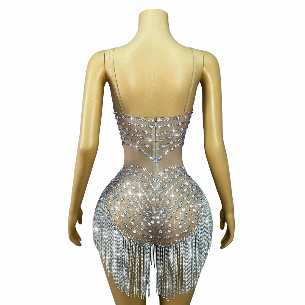 Flashing Crystal Rhinestone Chain Sheer Nude Mesh Stage Bodysuit Dance Leotard