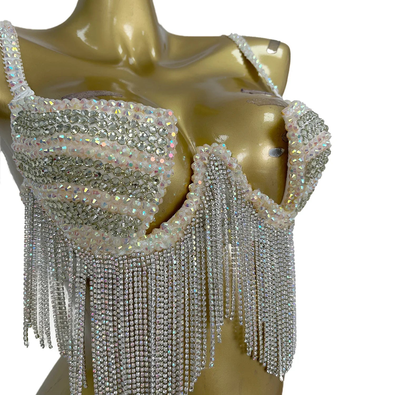 Rhinestone Tassel Bra Top & High-Waist Hollow-Out Shorts 2-Piece Costume Set