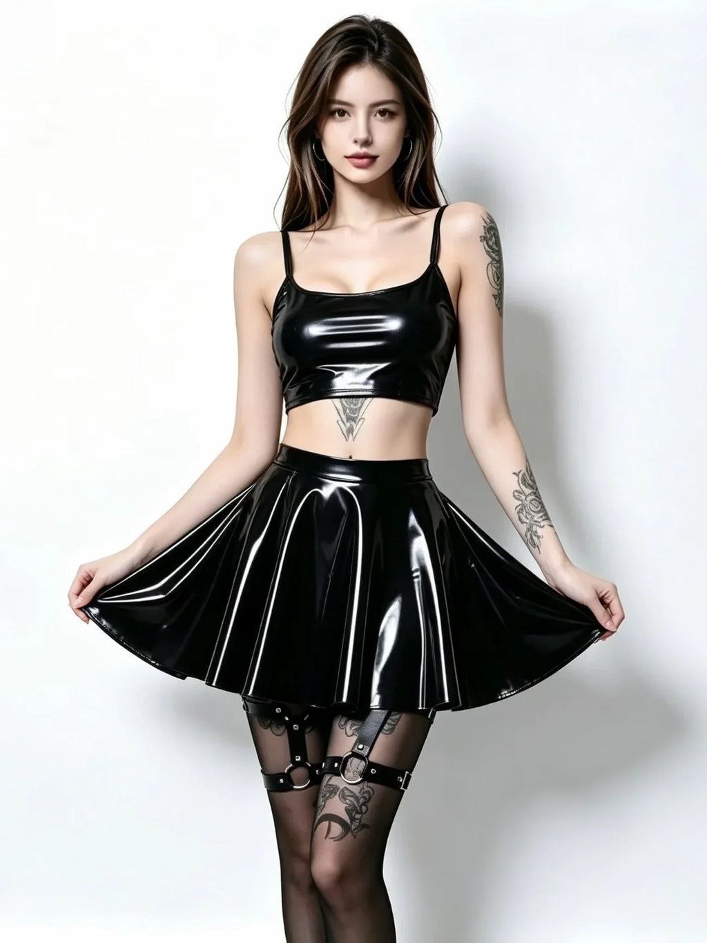 Gothic PU Leather PVC Shiny Flared Pleated Mini A-Line Skirt