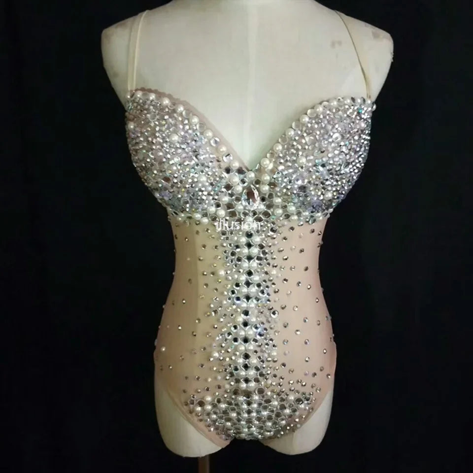 Sparkly Silver Crystal Rhinestone Mesh Leotard Stage Performance Costume