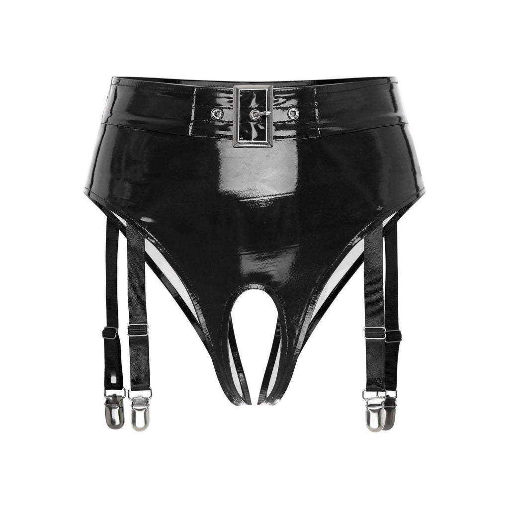 High-Waist Patent Leather Crotchless Thong & Garter Clip Lingerie