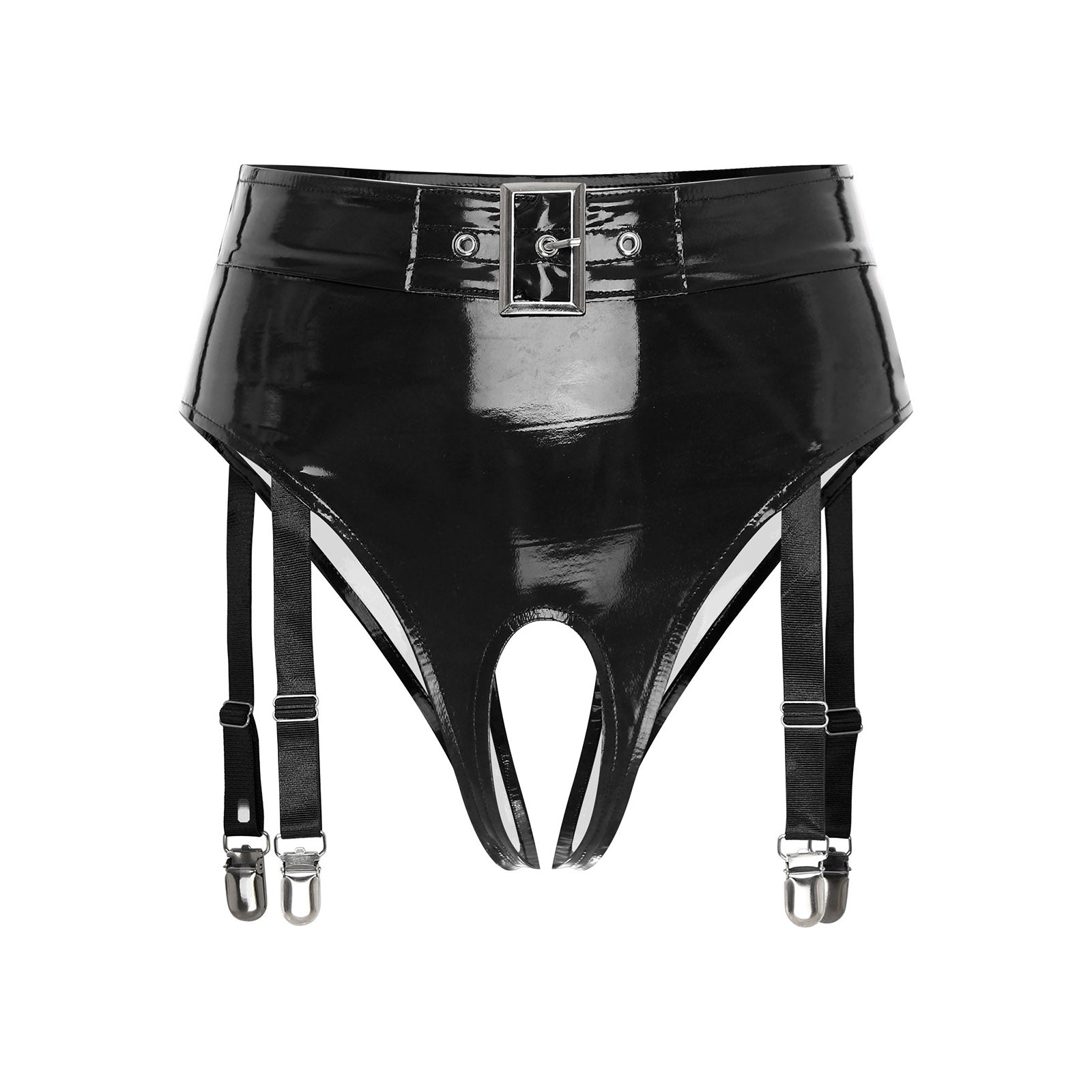 High-Waist Patent Leather Crotchless Thong & Garter Clip Lingerie