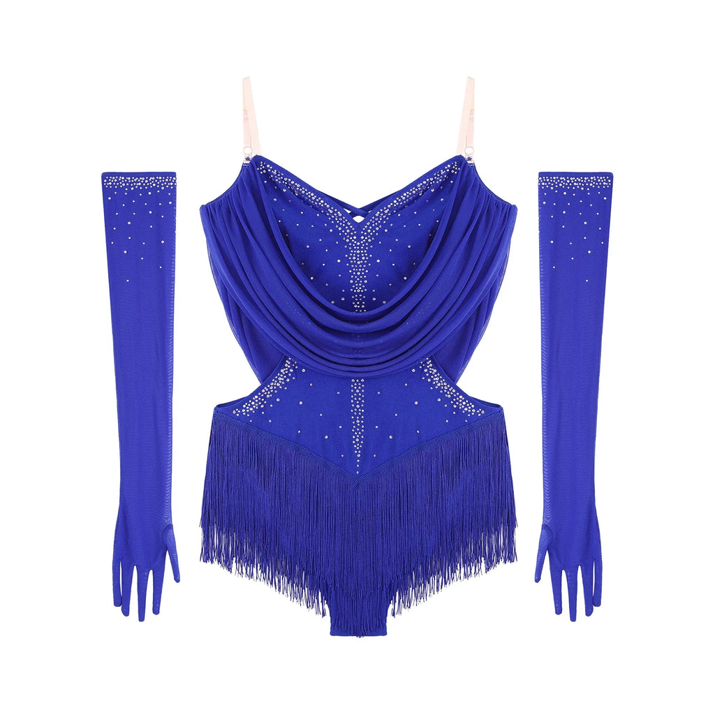 Sparkly Rhinestone & Tassel Fringe Dance Leotard with Gloves Two-Piece Stage Costume