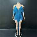 Blue Glitter Fringe Mini Dress Singer & Gogo Stage Performance Costume