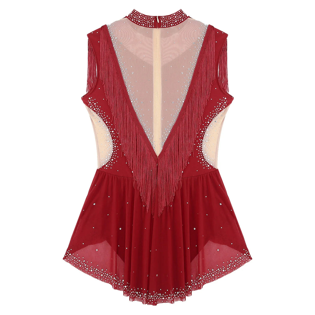 Rhinestone Mock Neck Mesh Tassel Leotard