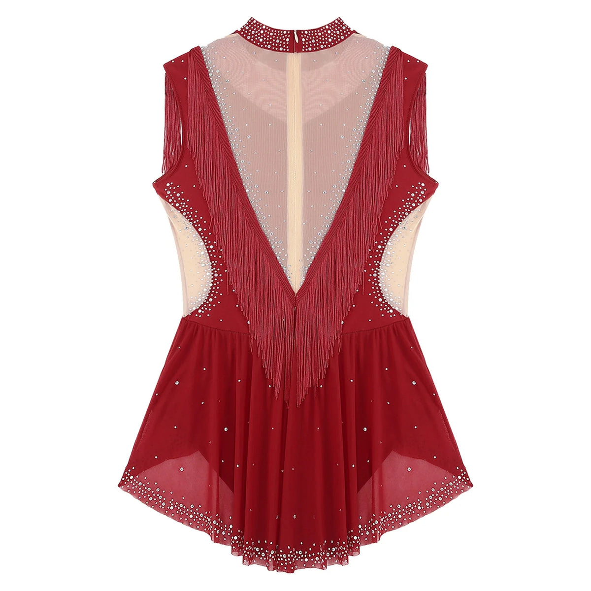 Rhinestone Mock Neck Mesh Tassel Leotard