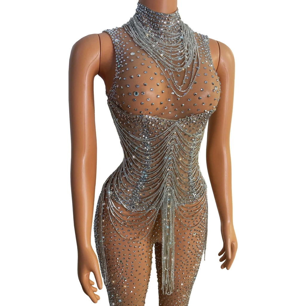 Silver Crystal Fringe Illusion Jumpsuit Long Sleeve Rhinestone Catsuit Stage Wear