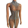 Silver Crystal Fringe Illusion Jumpsuit Long Sleeve Rhinestone Catsuit Stage Wear