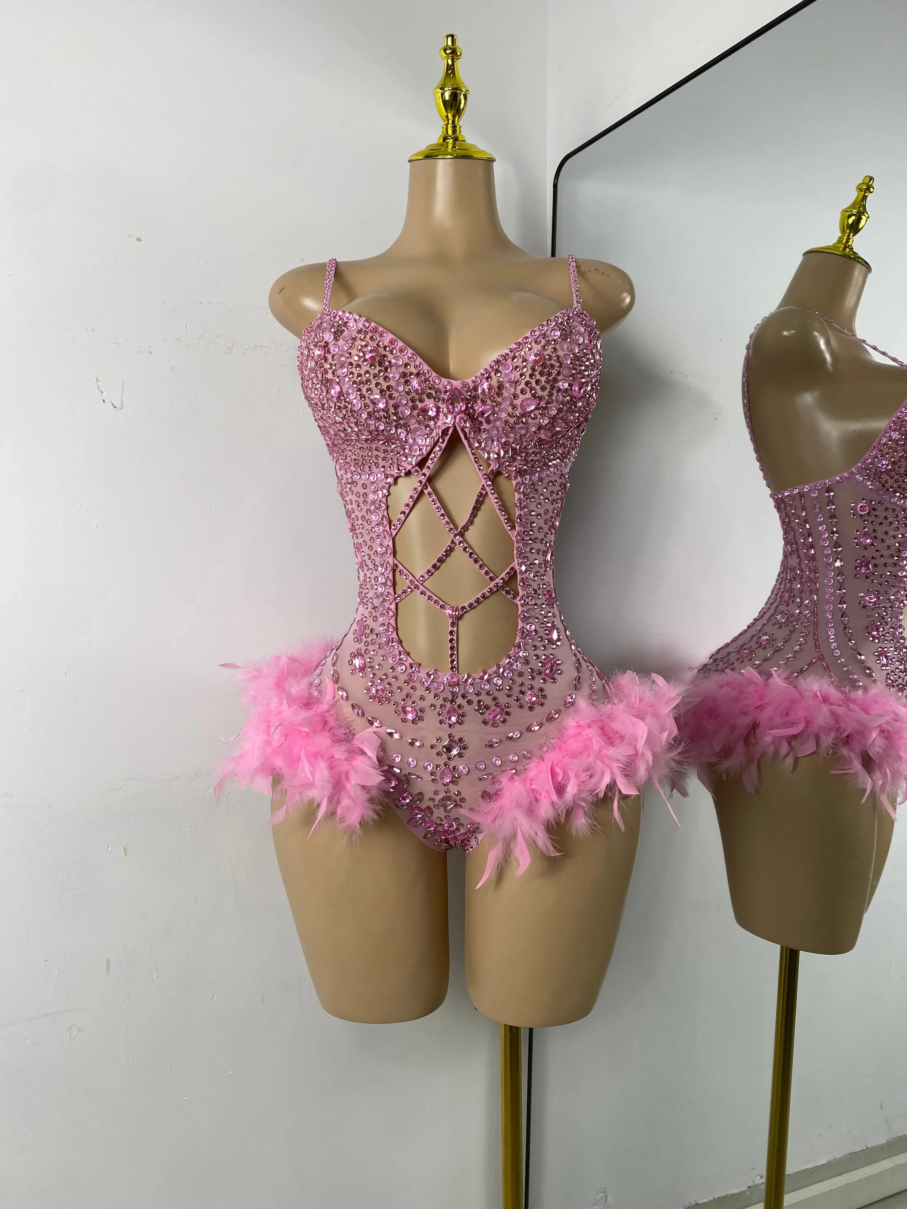 The Stardust Follies Feather Bodysuit – Luxury Rhinestone & Mesh Showgirl Costume