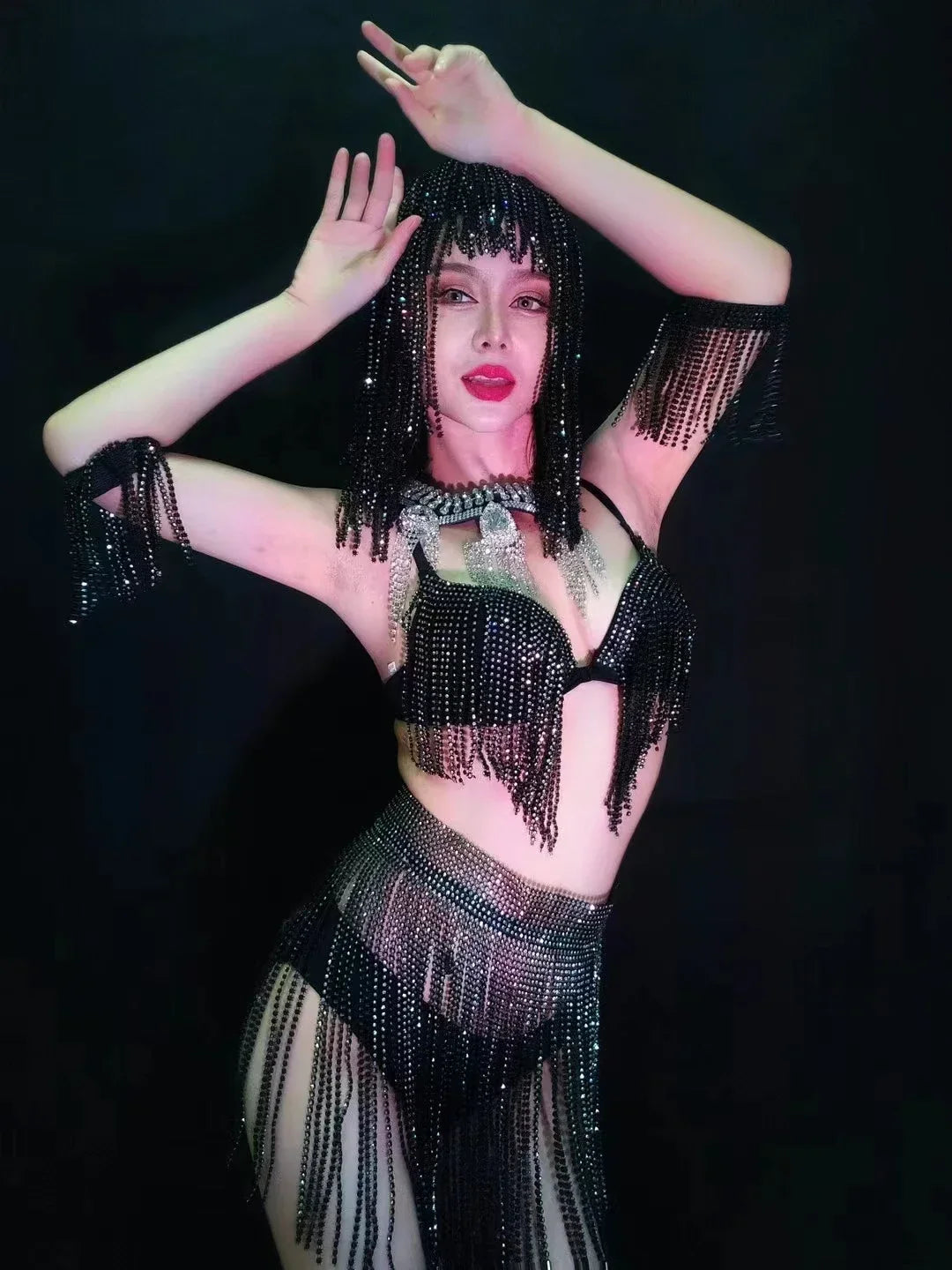 Luxury Crystal Tassel Bikini & Wig Performance Set – Premium Showgirl Stage Costume for GoGo Dancers, Nightclub DJs & Rave Outfits