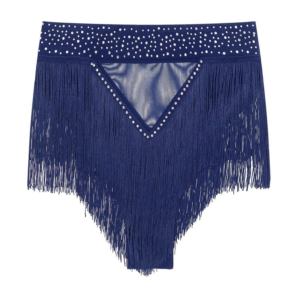 Rhinestone Tassel High-Waist Dance Shorts & Sheer Mesh Fringe Skirt