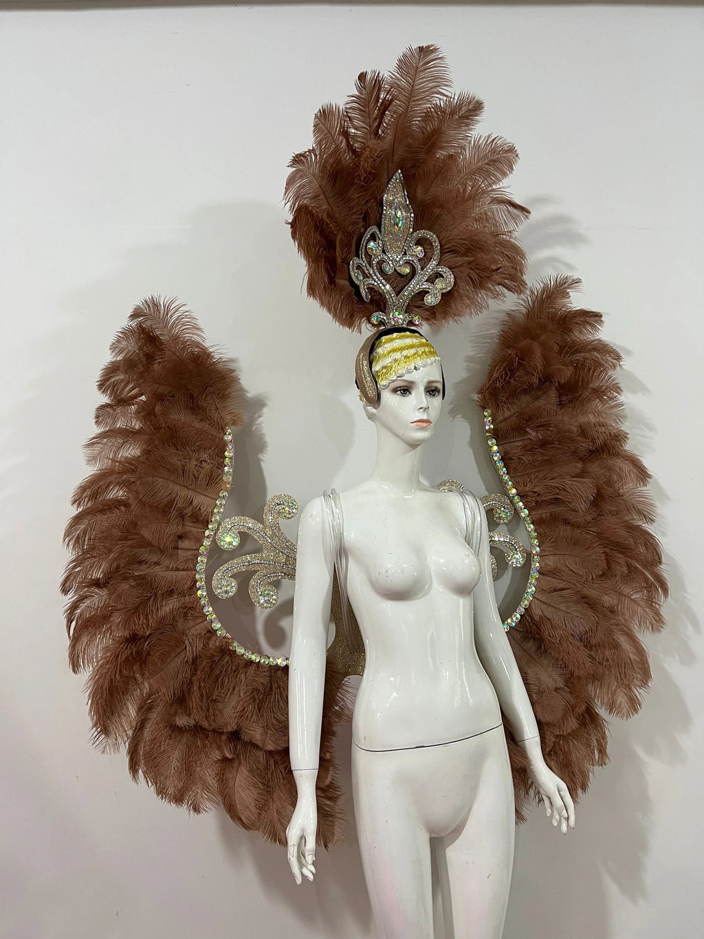 Two-Layer Feather Backpiece with Matching Rhinestone Headdress