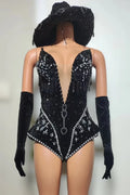 Western Cowboy Showgirl Bodysuit, Hat & Gloves 3-Piece Stage Costume Set