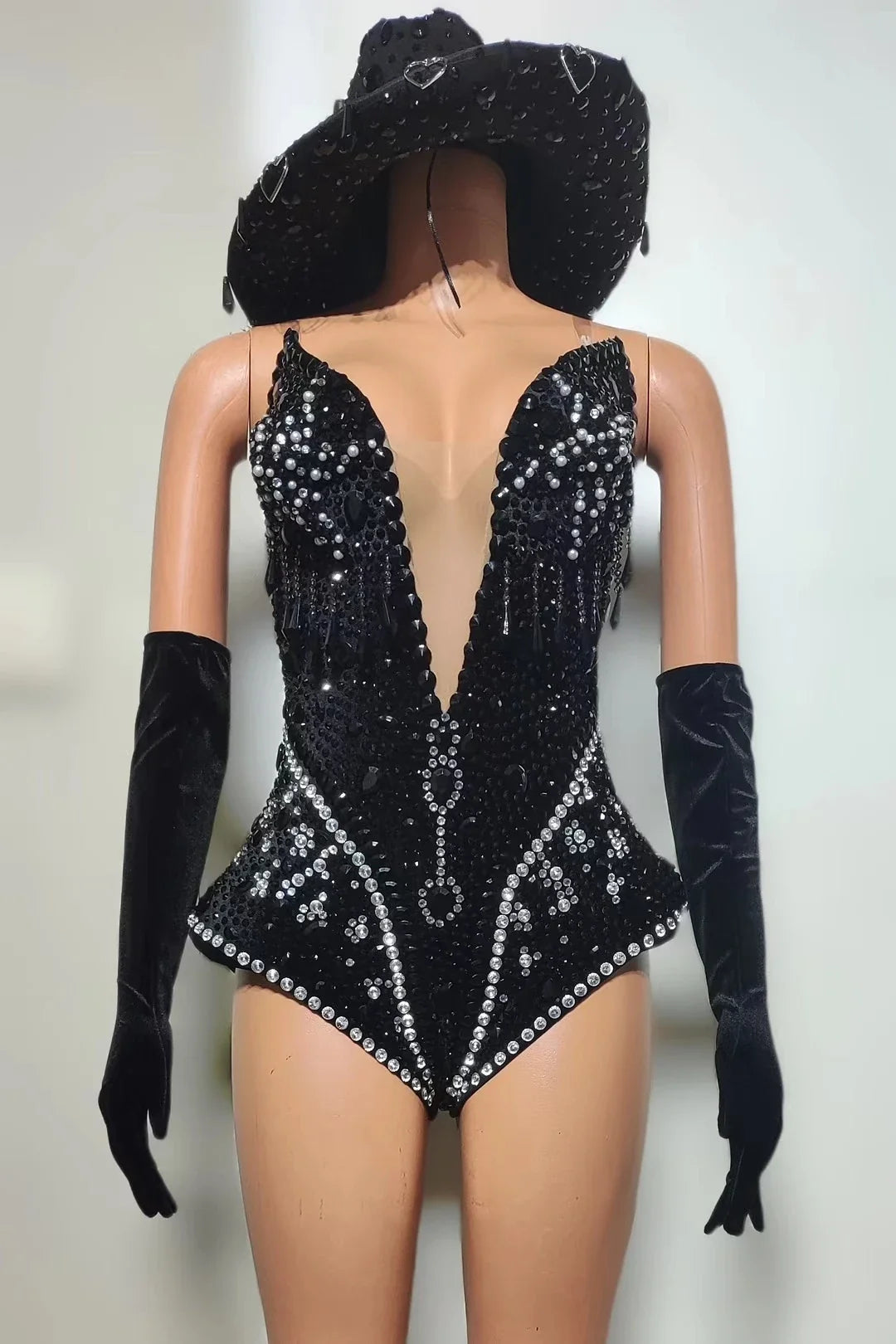 Western Cowboy Showgirl Bodysuit, Hat & Gloves 3-Piece Stage Costume Set