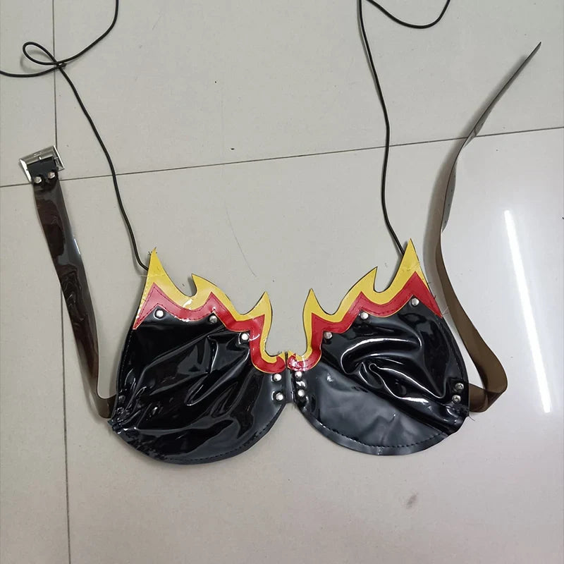 PU Leather Flame Bikini, Collar & Harness Shorts 3-Piece Gogo Performance Costume Set