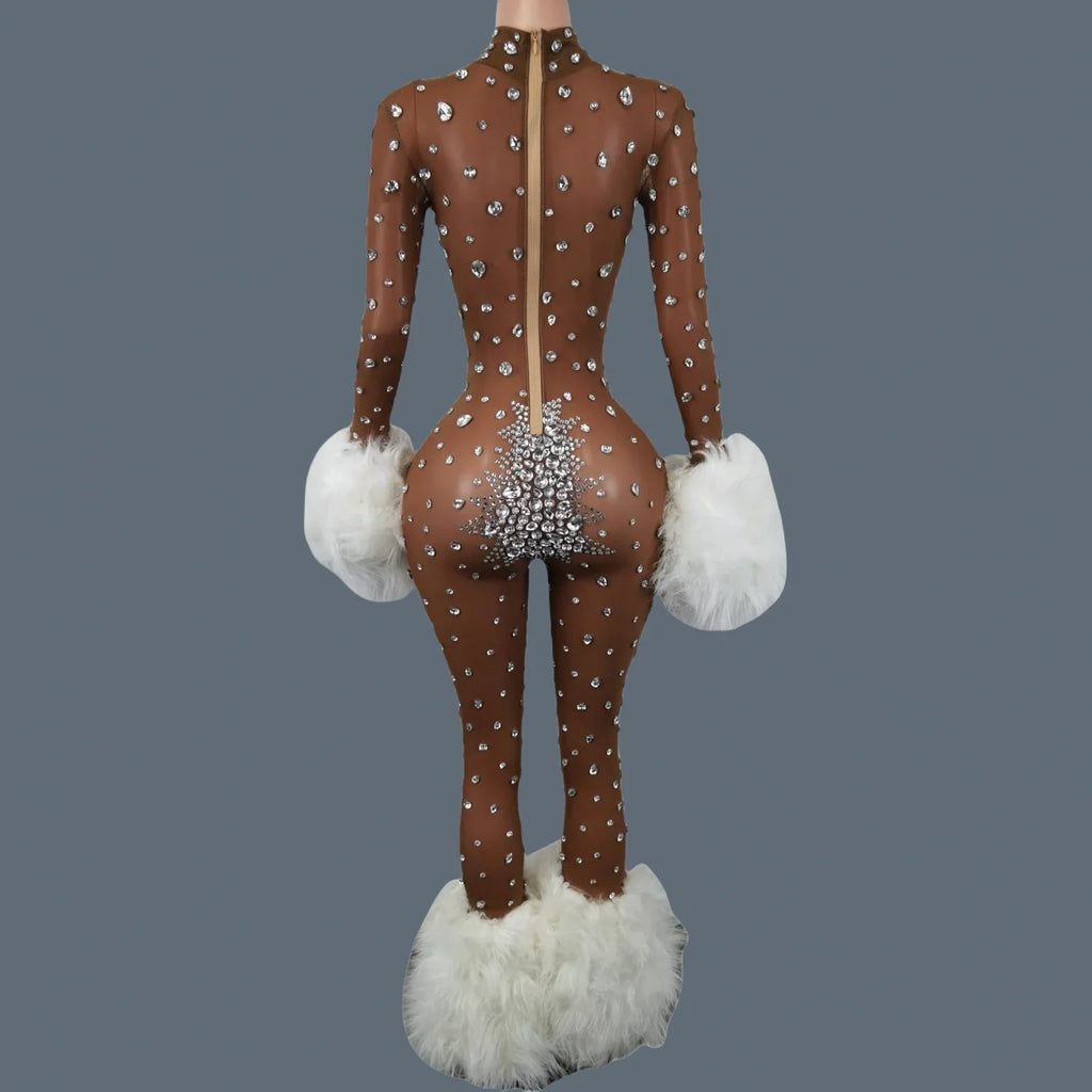 Sparkly Rhinestone & Feather Cuffed Jumpsuit Stage Performance Catsuit Costume