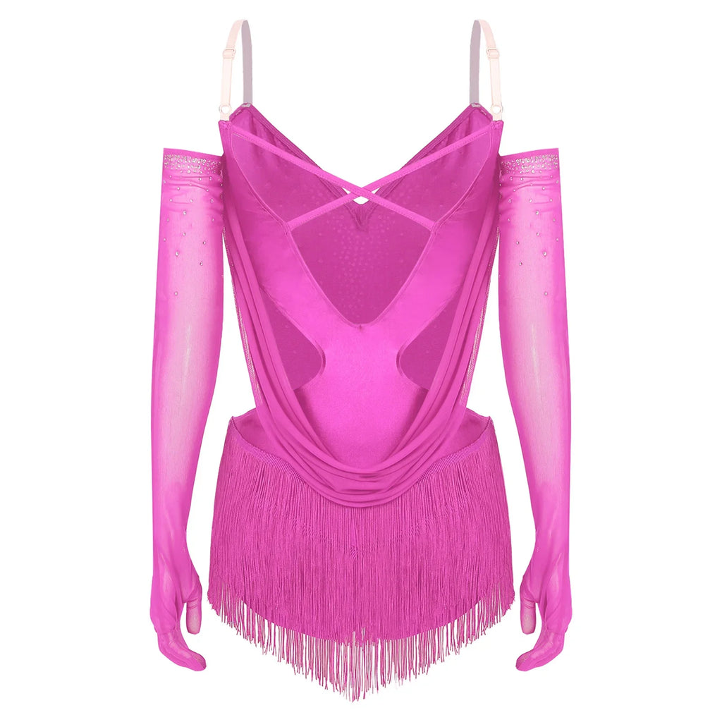 Sparkly Rhinestone & Tassel Fringe Dance Leotard with Gloves Two-Piece Stage Costume