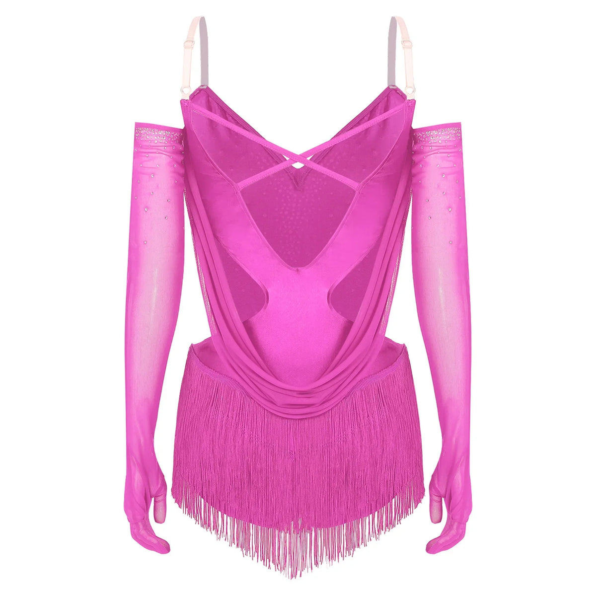 Sparkly Rhinestone & Tassel Fringe Dance Leotard with Gloves Two-Piece Stage Costume