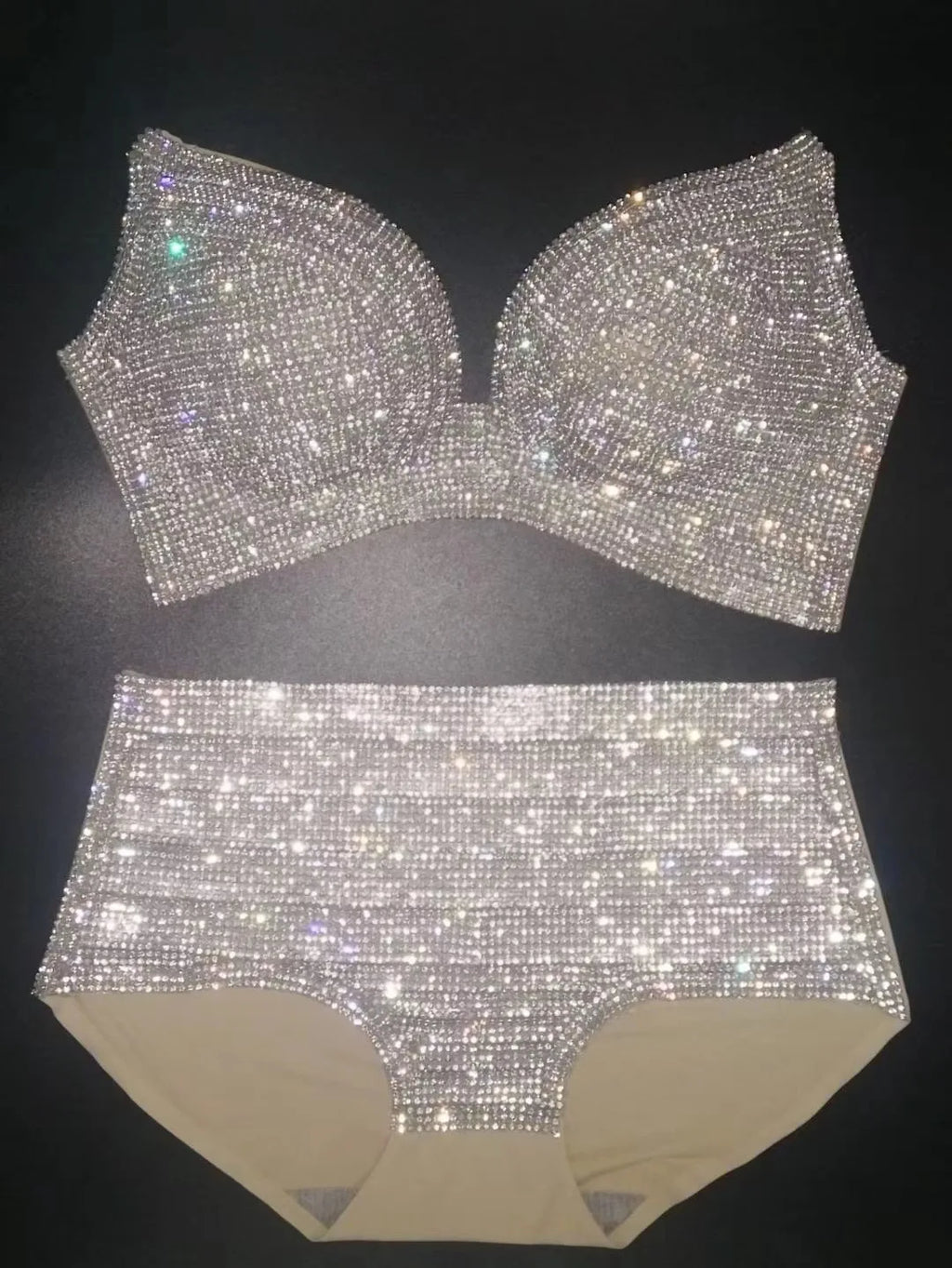 Dazzling Shimmer Crystal Bikini & High-Waist Dance Performance Costume Set