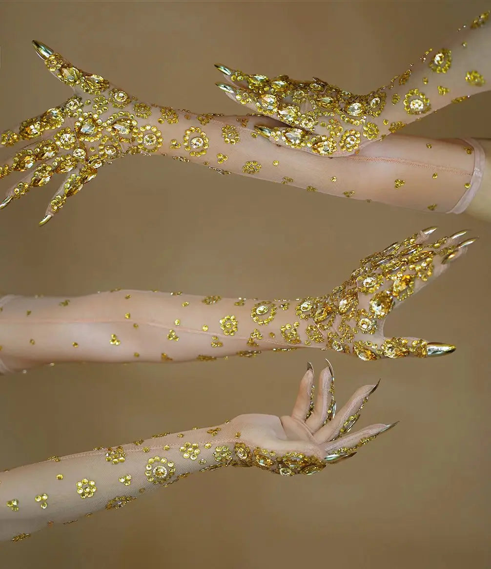 The Stardust Golden Empress – Luxurious Stretch Gold Rhinestone Mesh Opera Gloves