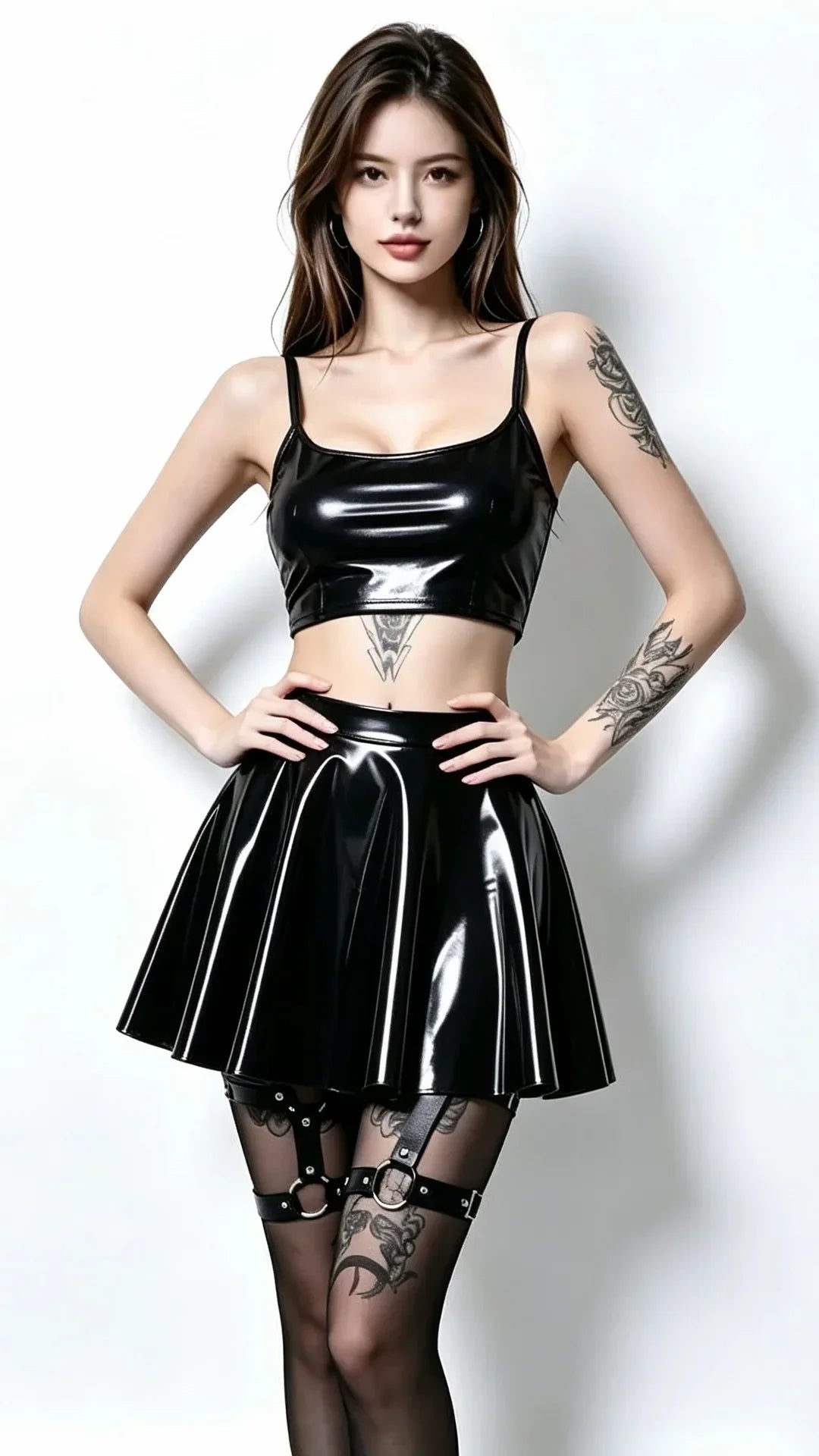 Gothic PU Leather PVC Shiny Flared Pleated Mini A-Line Skirt