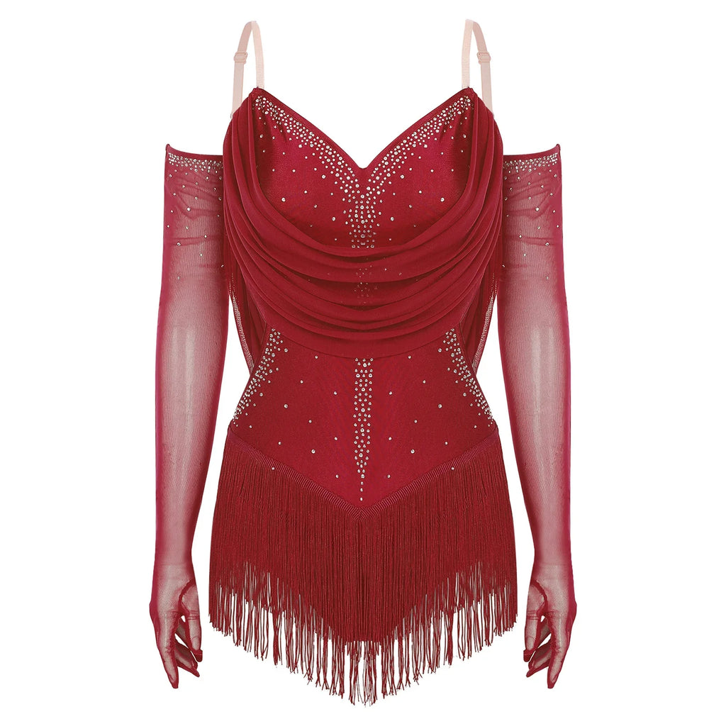 Sparkly Rhinestone & Tassel Fringe Dance Leotard with Gloves Two-Piece Stage Costume