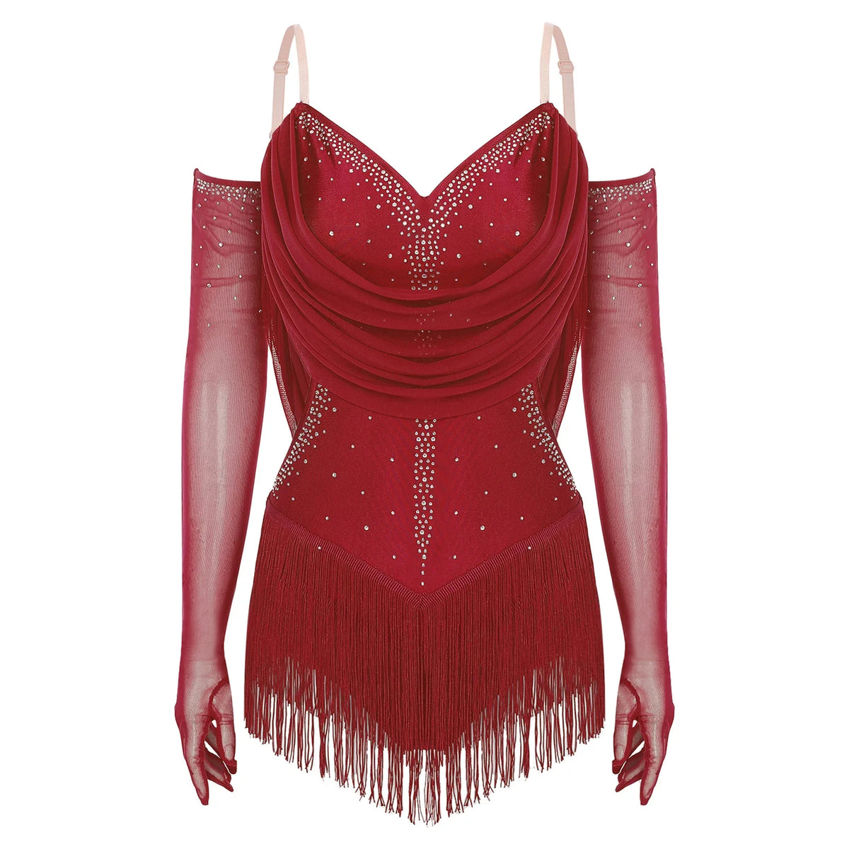 Sparkly Rhinestone & Tassel Fringe Dance Leotard with Gloves Two-Piece Stage Costume