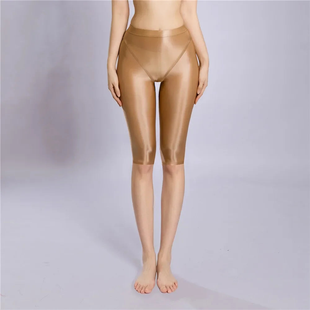 Women's Oil Glossy Sheer High-Waist Shaping Shorts Satin Smooth Leggings