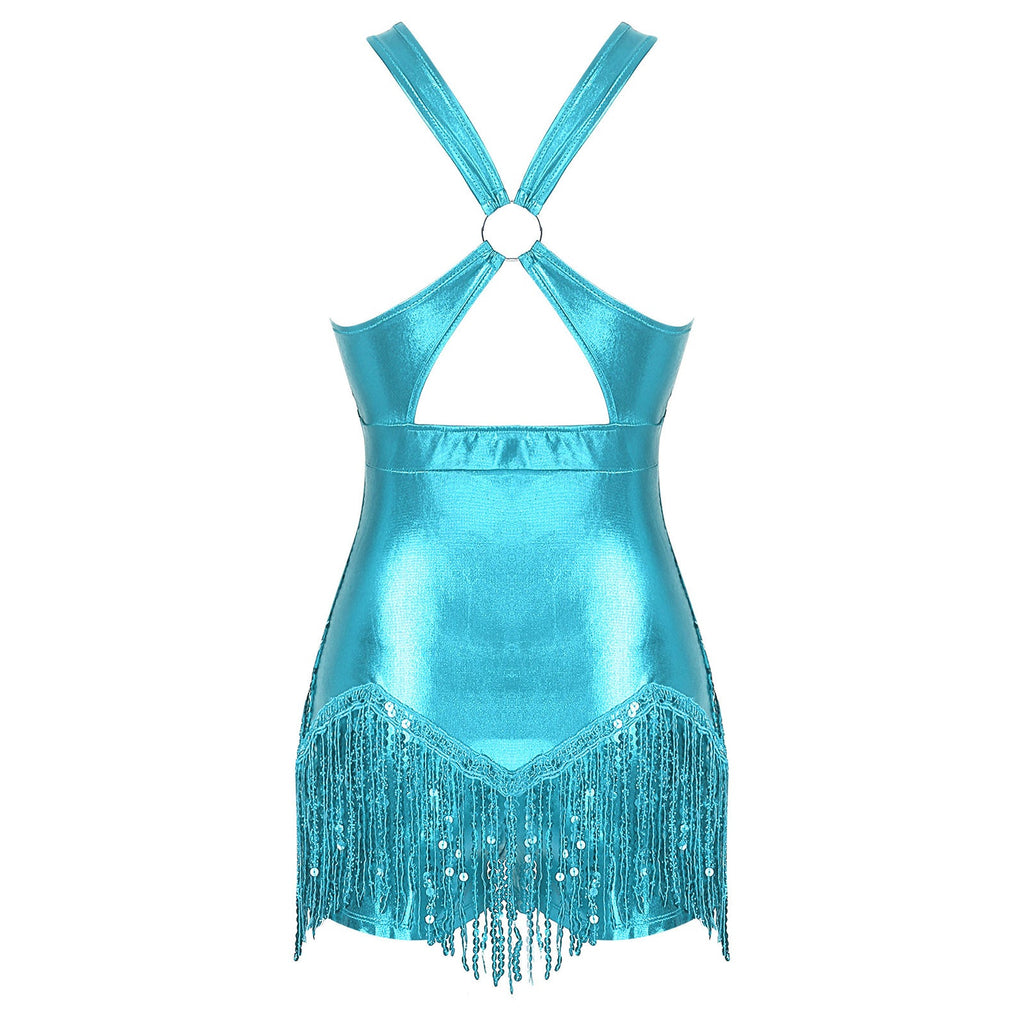 Sequined Fringe Cross-Front Latin Dance Leotard Costume Dress
